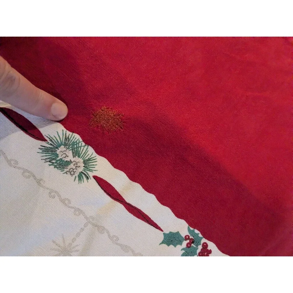 Vintage 50s Rectangle Christmas Tablecloth MCM Cotton Bells Trees  Candles *Flaw